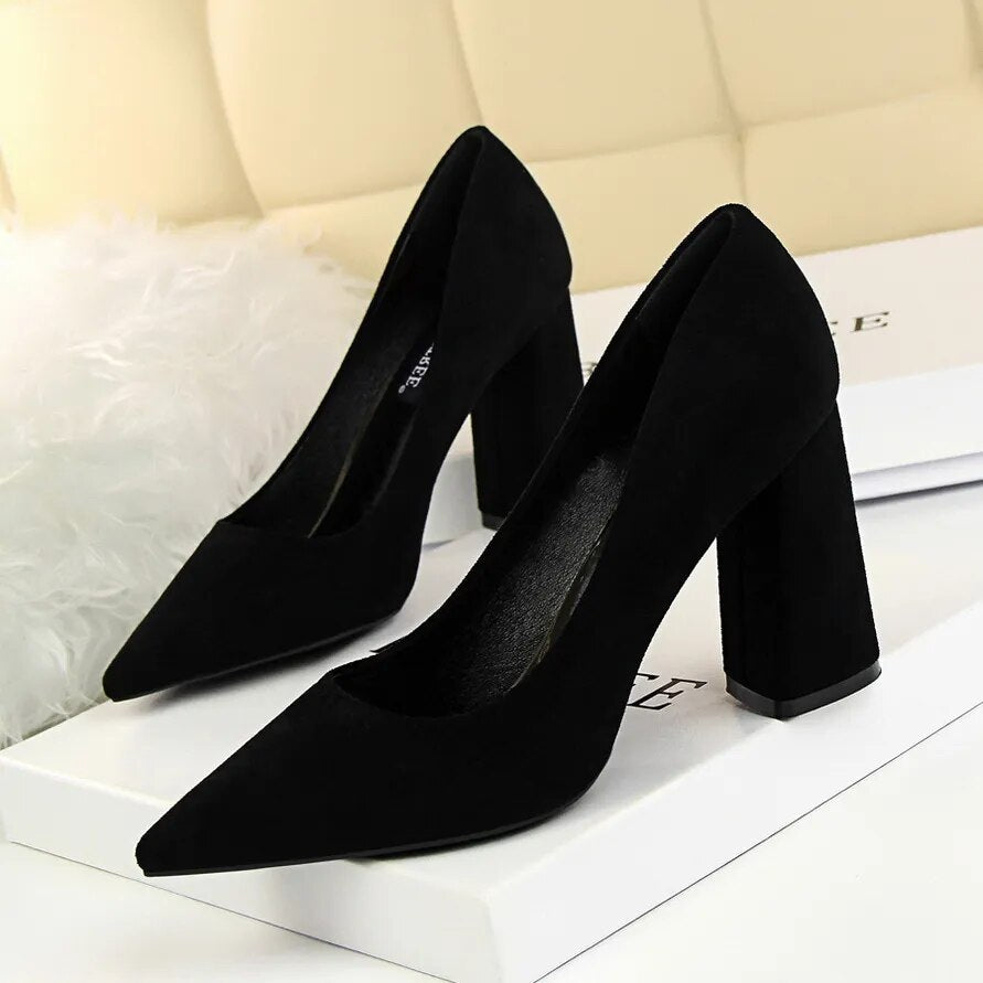 Ddbos Summer Women 8.5cm High Heels Pumps Escarpins Elegant Sweet Lady Wedding Block Square Middle Heels Flock Suede Nightclub Shoes