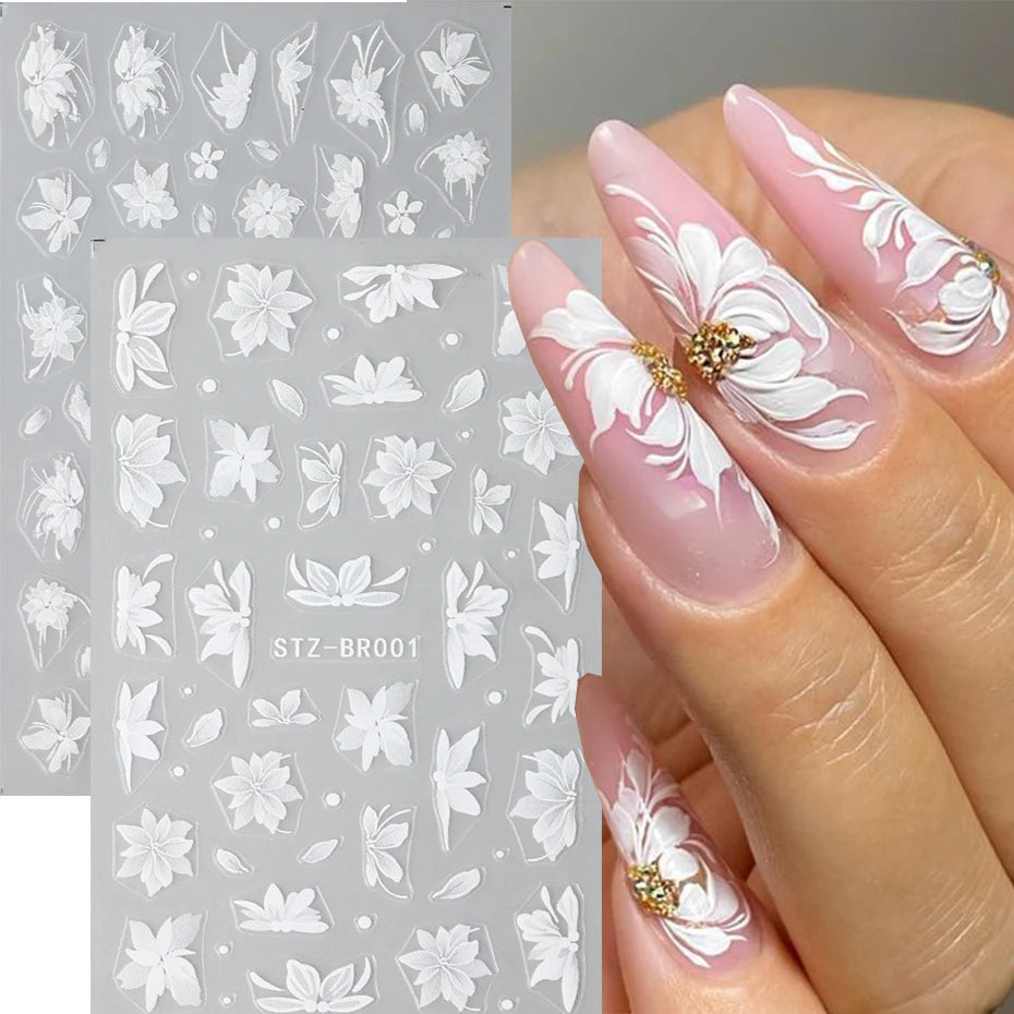 Ddbos Acrylic Flowers Nails Art Stickers White Floral Petal Leaf Sliders For Nails Wedding Design Manicure Decoration