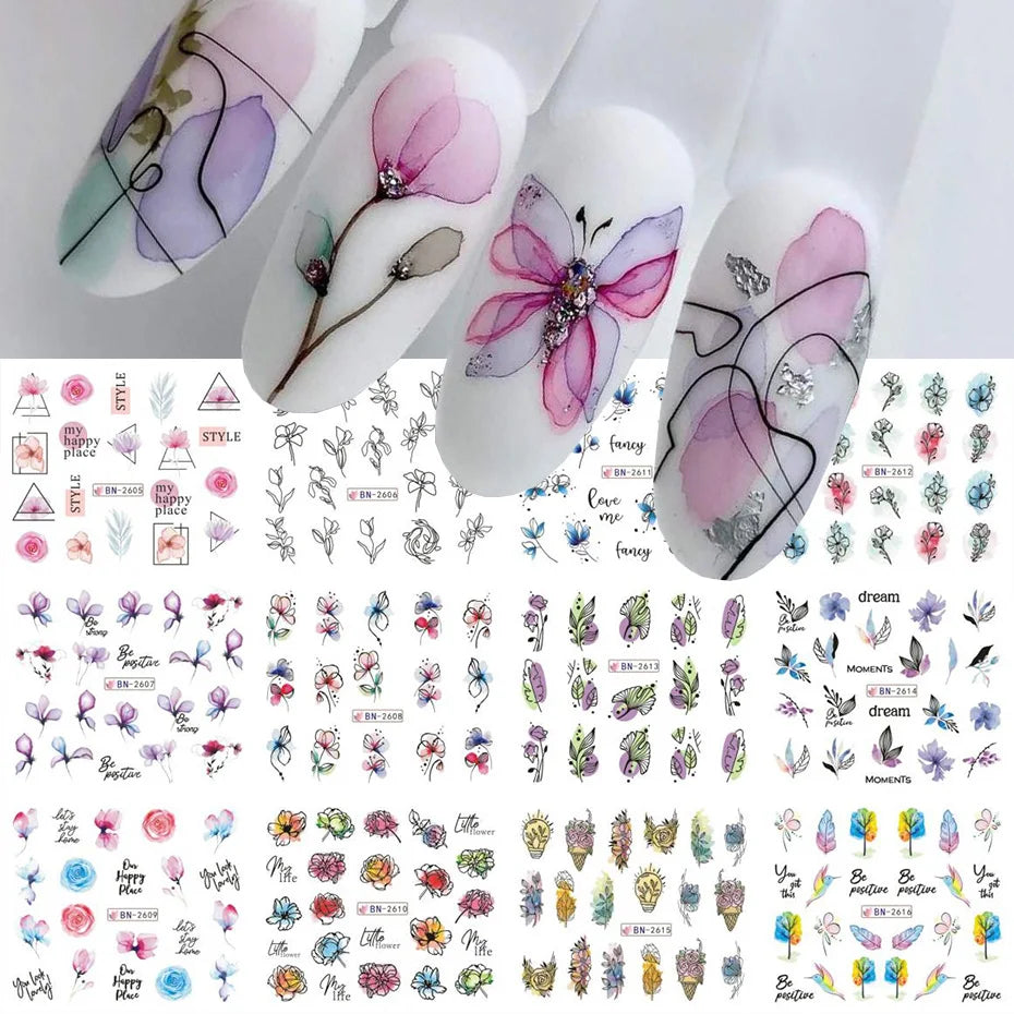 Ddbos 12 pcs Nail Sticker Set Summer Water Decal Nail Art Ink Flowers Leaves Graffiti Slider for Nail Decoration Foils Tattoo