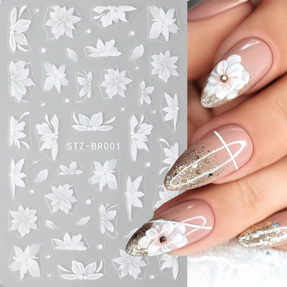 Ddbos Acrylic Flowers Nails Art Stickers White Floral Petal Leaf Sliders For Nails Wedding Design Manicure Decoration