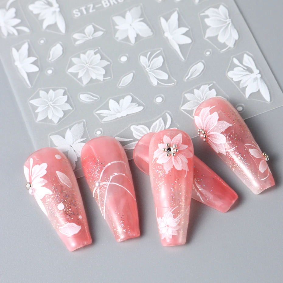 Ddbos Acrylic Flowers Nails Art Stickers White Floral Petal Leaf Sliders For Nails Wedding Design Manicure Decoration