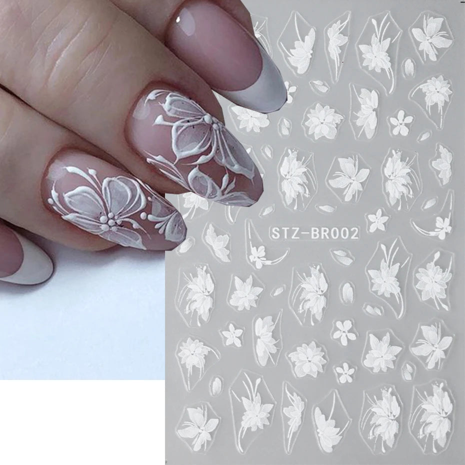 Ddbos Acrylic Flowers Nails Art Stickers White Floral Petal Leaf Sliders For Nails Wedding Design Manicure Decoration