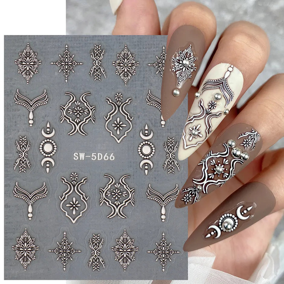 Ddbos 5D Embossed Filigree Stickers Nail Design Brown White Lace Necklace Adhesive Nail Decals Star Moon Carved Decor Sliders SASW-5D