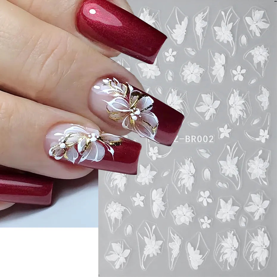 Ddbos Acrylic Flowers Nails Art Stickers White Floral Petal Leaf Sliders For Nails Wedding Design Manicure Decoration