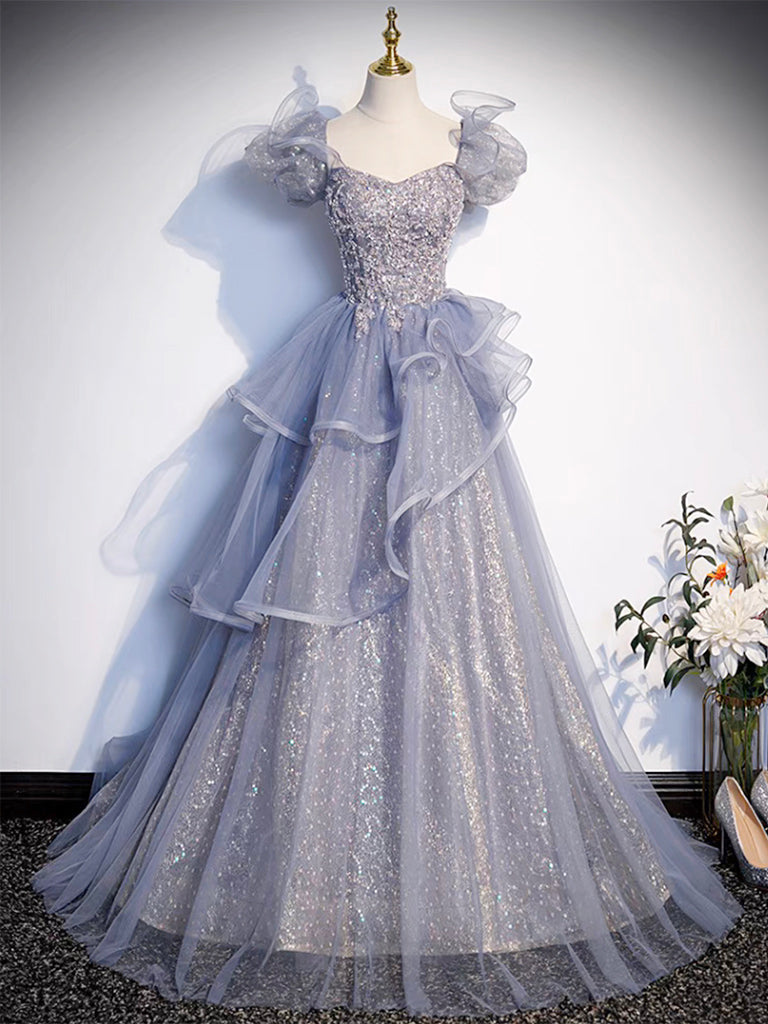 Ddbos A-Line Sweetheart Neck Tulle Sequin Gray Blue Long Prom Dress, Gray Blue Long Formal Dress