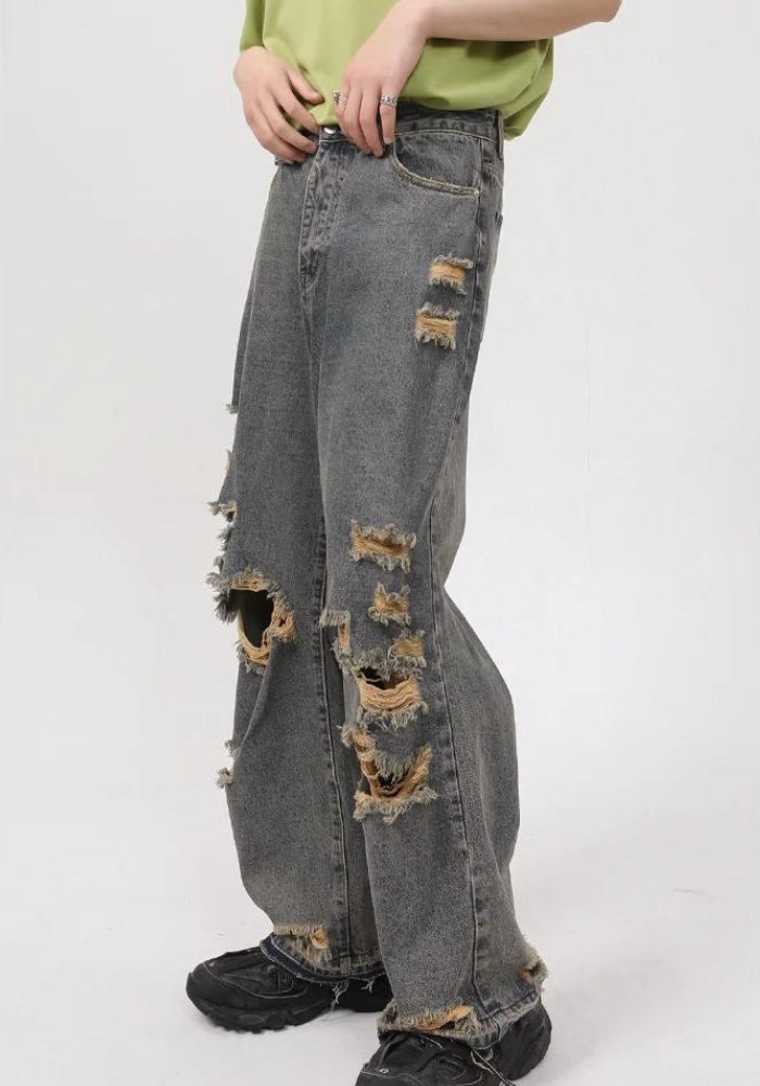 Ddbos - Grunge Ripped Straight Leg Jeans - chill guy 90s fashion mens fashion