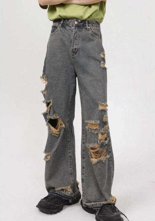 Ddbos - Grunge Ripped Straight Leg Jeans - chill guy 90s fashion mens fashion