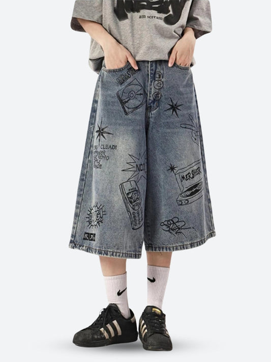 Ddbos - Grunge Wide Leg Denim Shorts - chill guy 90s fashion mens fashion