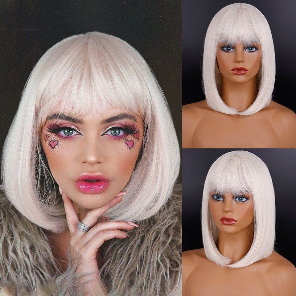 Ddbos Synthetic Wig Short Straight With Bangs Pink Black Purple Blond White Wig Female Short Bob Halloween Christmas Party Cosplay Wig