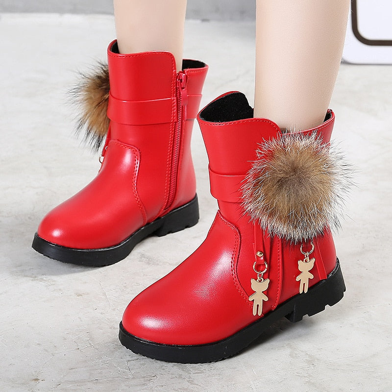 Ddbos New Winter Girls Boots Real Fur Ball PU Leather Kids Snow Boots Warm Plush Sneakers Children Shoes