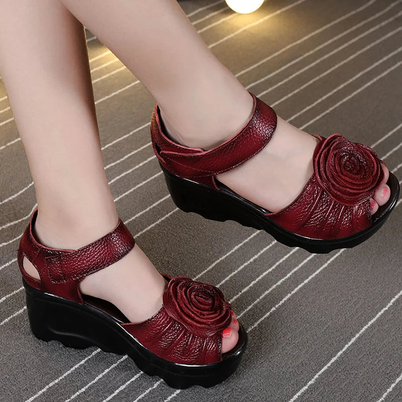 Ddbos Ethnic Style Genuine Leather Women Shoes Sandals Wedges Sandals Handmade Genuine Leather Platform Women Sandal