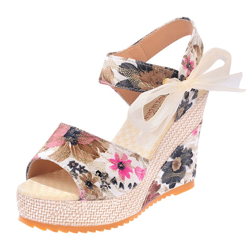 Ddbos Summer Beach Boho Floral Wedge Sandals Women Ankle Strap Platform Gladiator Shoes Woman High Heels Sandalias Mujer