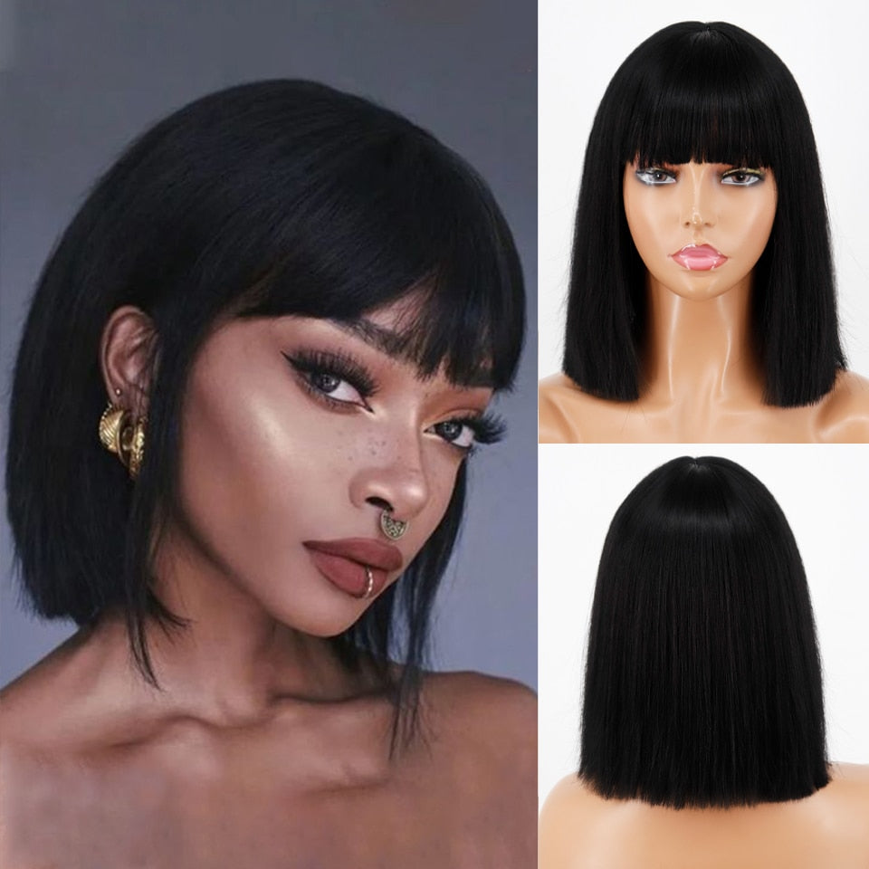 Ddbos Synthetic Blonde Wig with Bangs Short Wigs for Women Golden Wig Straight Bob Wig Natural Heat Resistant Wigs 11 Inches for Party