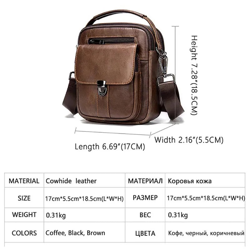 Ddbos Genuine Leather Men's Shoulder Bag Vintage Cowhide Double Zipper Pockets Multifunctional Messenger Bag Male Mini Handbag