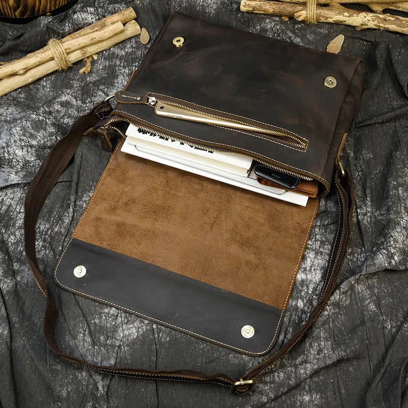 Ddbos Men's Genuine Leather Messenger Bag A4 Vintage Crazy Horse Leather Shoulder Bag Cowhide Magnetic Flap Laptop Crossbody Bag