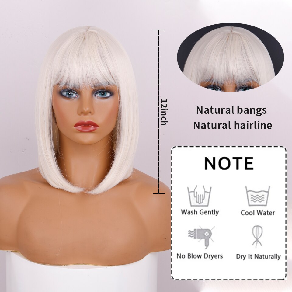 Ddbos Synthetic Wig Short Straight With Bangs Pink Black Purple Blond White Wig Female Short Bob Halloween Christmas Party Cosplay Wig