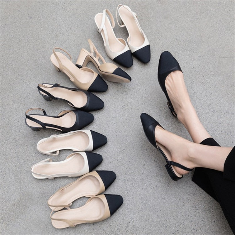 Ddbos Low Heels Real Leather Slingbacks Shoes Women Square Toe Pumps Thick Heel Shoes Brand Design Lady Footwear Size 40