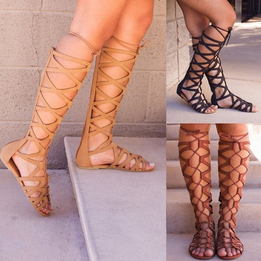 Roman Gladiator Bandage Sandals Women Knee High flat sandalias botas femininas Women Shoes Girls Summer hollow Ankle Boot