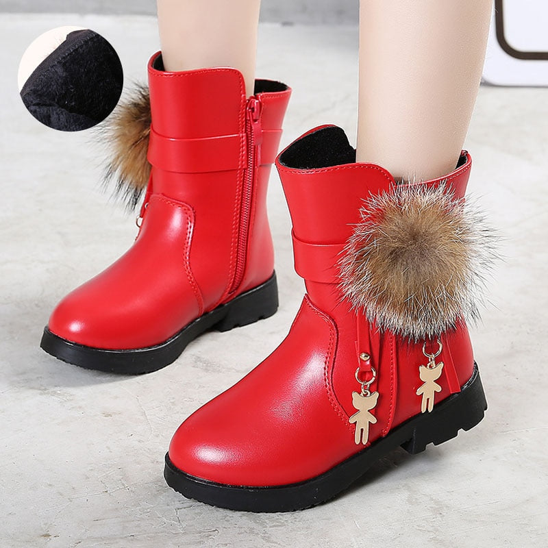 Ddbos New Winter Girls Boots Real Fur Ball PU Leather Kids Snow Boots Warm Plush Sneakers Children Shoes