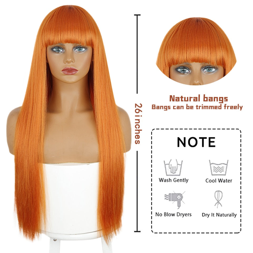 Ddbos Long Orange Wig with Bangs Straight Orange Wigs for Women Cosplay Long Synthetic Orange Wig Natural Looking for Daily Wear