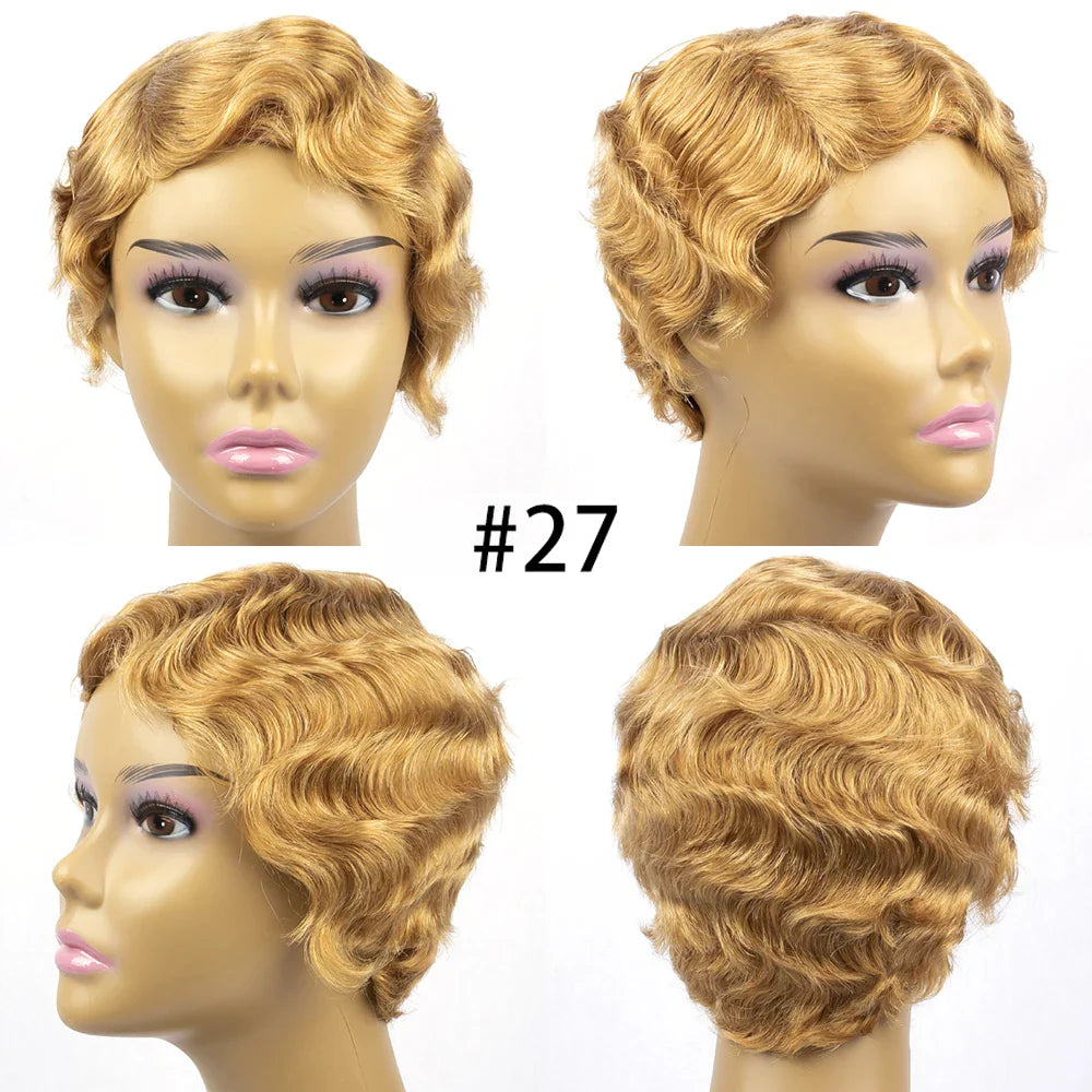 Ddbos Brazilian Short Pixie Cut Wig Human Hair Wigs Really Cute Finger Waves Hairstyles for Black Women Full Machine Made Wigs