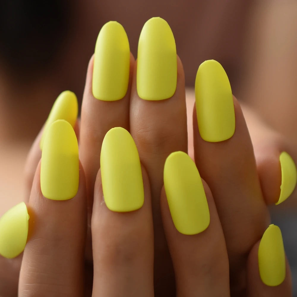 Ddbos Neon Yellow Medium False Nail Oval Attractive Matte Press On Nail Artificial Practice DIY Nail Decoration