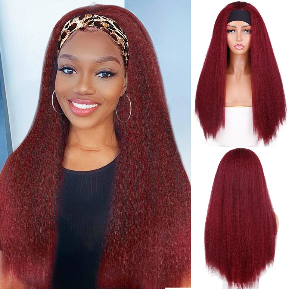 Ddbos Synthetic Wigs Yaki Straight Headband Wigs for Women 28 inch Afro Kinky Straight Headband Wigs Ombre Heat Resistant