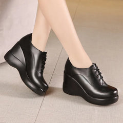 Ddbos Lace Up Wedges Shoes for Women Autumn Platform Pumps Woman High Heels Leather Office Shoes Ladies Plus Size 33-43