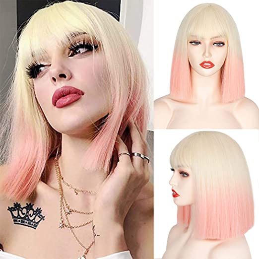 Ddbos Synthetic Wig Short Straight With Bangs Pink Black Purple Blond White Wig Female Short Bob Halloween Christmas Party Cosplay Wig