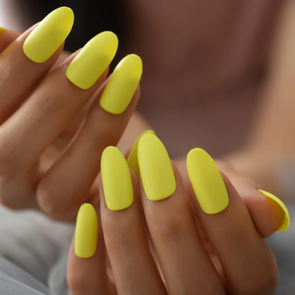 Ddbos Neon Yellow Medium False Nail Oval Attractive Matte Press On Nail Artificial Practice DIY Nail Decoration