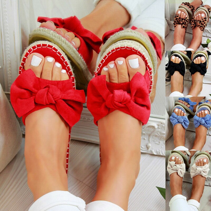 Women Sandals Bow Leopard Slipper Summer Open Toe Platform Flats Slide Ladies Fashion Hollow Light Slip On Shoes