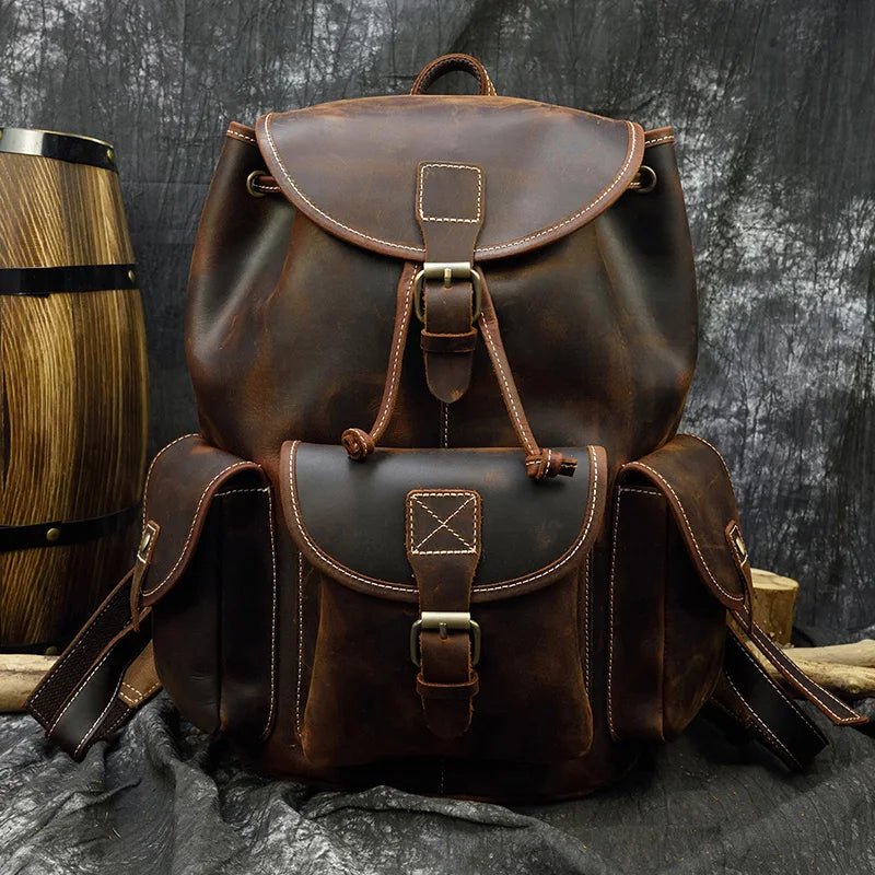 Ddbos Vintage Crazy Horse Leather Mens Backpack Thick Genuine Leather Women Rucksack Big Capacity Travel Bag School Backpack