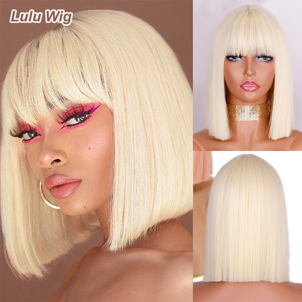 Ddbos Synthetic Blonde Wig with Bangs Short Wigs for Women Golden Wig Straight Bob Wig Natural Heat Resistant Wigs 11 Inches for Party