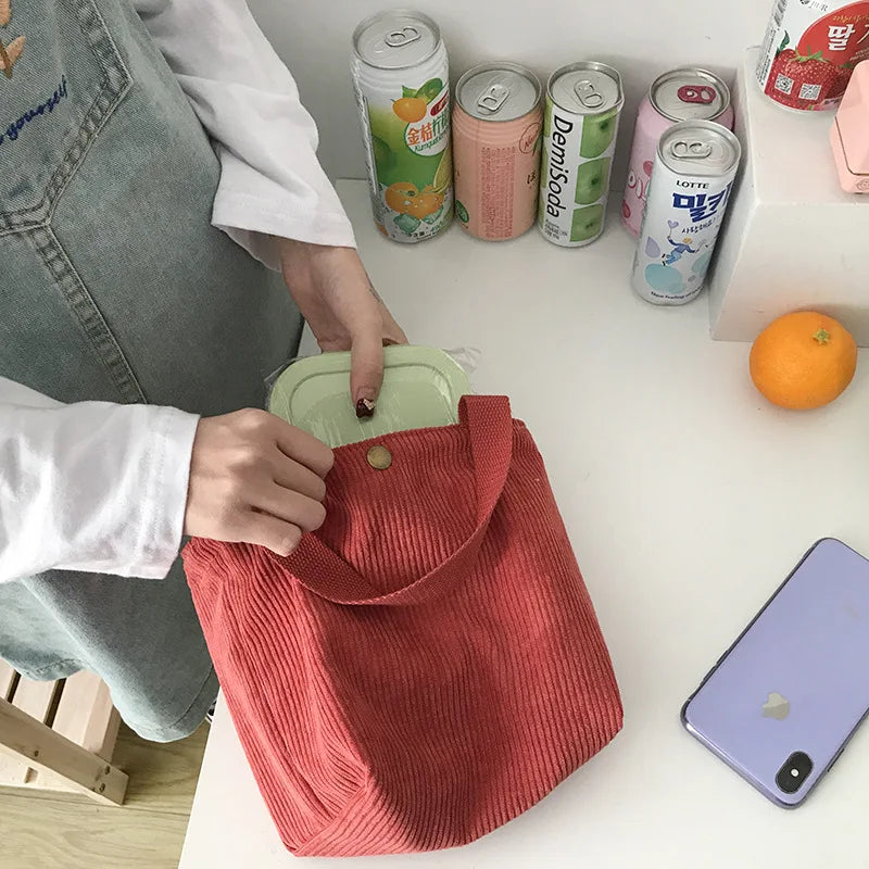 Ddbos Small Corduroy Lunch Bag for Women Eco Canvas Portable Tote Bags Mini Female Students Bento Picnic Food Bag Travel Handbags