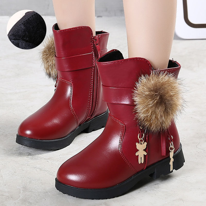 Ddbos New Winter Girls Boots Real Fur Ball PU Leather Kids Snow Boots Warm Plush Sneakers Children Shoes