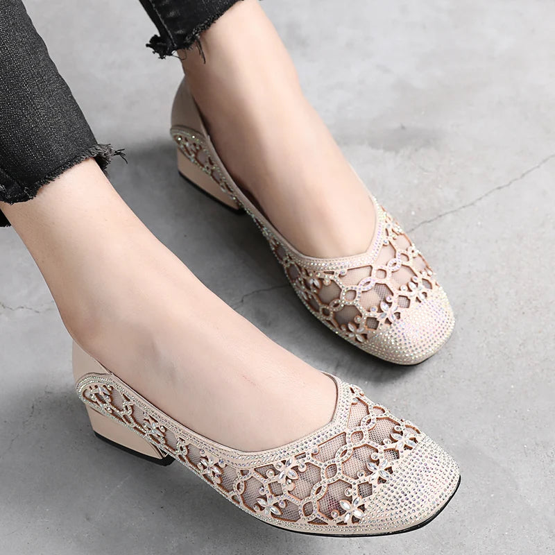 Ddbos Summer Fashion Pumps Cut-outs Women Crystal Casual Ladies Shoes High Heels Tenis Feminino Genuine Leather Sandals