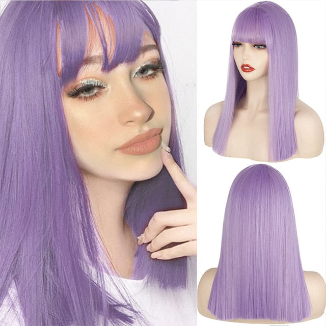 Ddbos Synthetic Wig Short Straight With Bangs Pink Black Purple Blond White Wig Female Short Bob Halloween Christmas Party Cosplay Wig