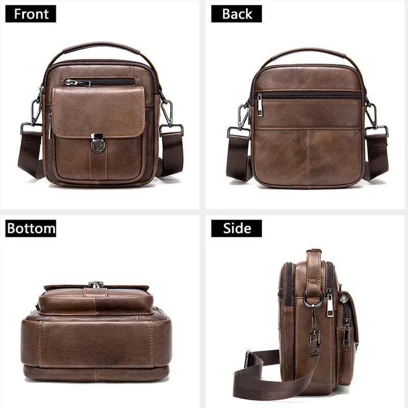 Ddbos Genuine Leather Men's Shoulder Bag Vintage Cowhide Double Zipper Pockets Multifunctional Messenger Bag Male Mini Handbag