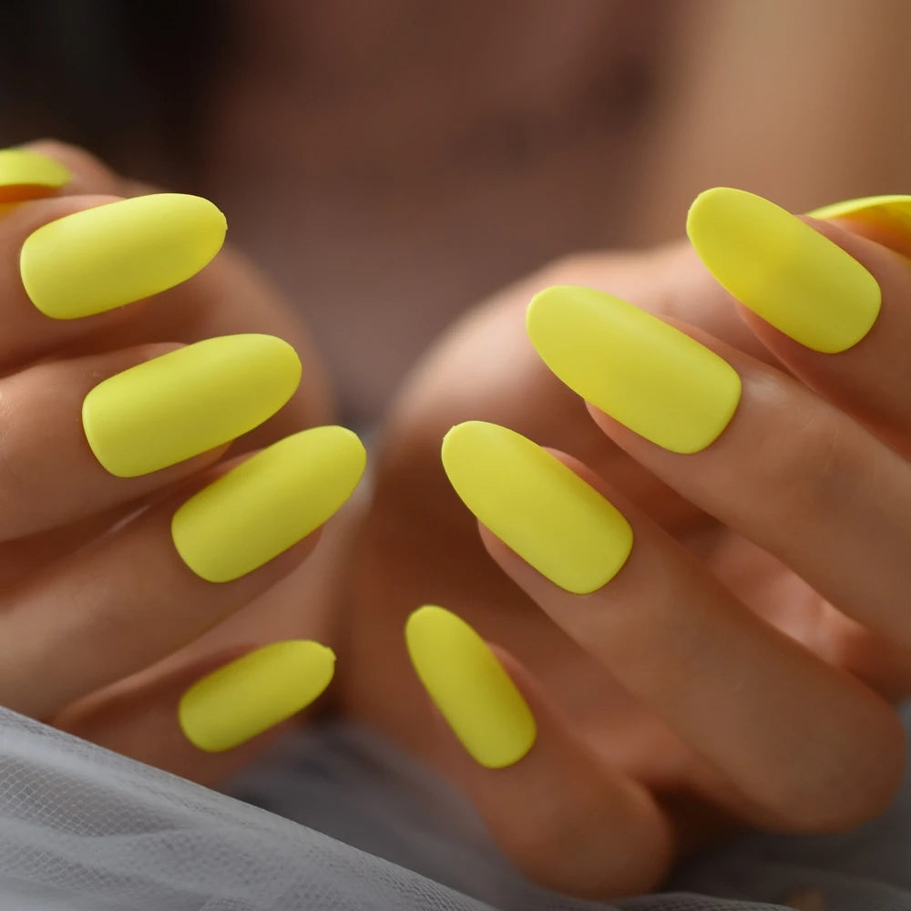 Ddbos Neon Yellow Medium False Nail Oval Attractive Matte Press On Nail Artificial Practice DIY Nail Decoration