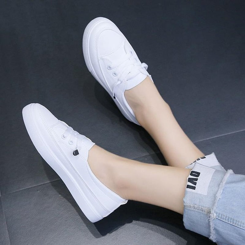 Ddbos Low Platform Sneakers Women Shoes Female Pu Leather Walking Sneakers Loafers White Flat Slip On Vulcanize Casual Shoes