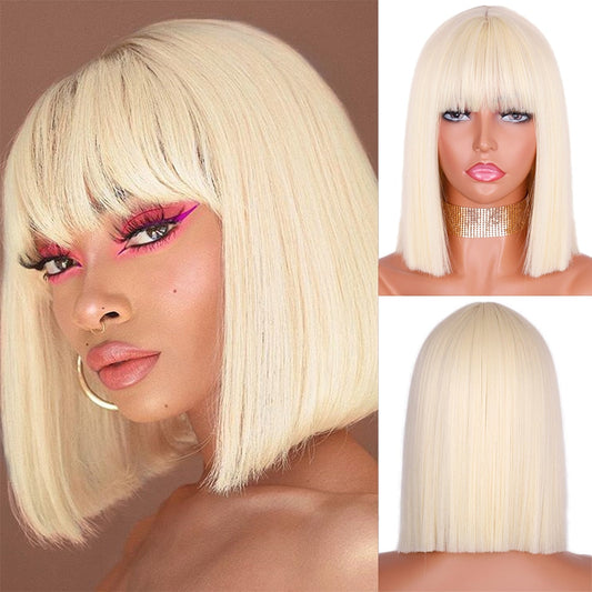 Ddbos Synthetic Blonde Wig with Bangs Short Wigs for Women Golden Wig Straight Bob Wig Natural Heat Resistant Wigs 11 Inches for Party