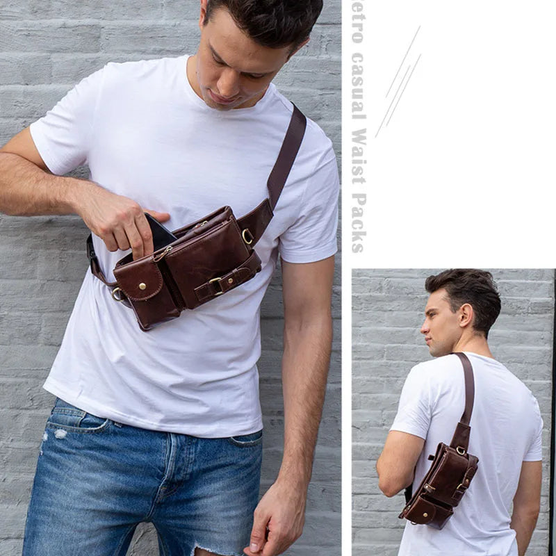 Ddbos Casual Genuine Leather Man Waist Pack Fanny Pack Belt Bag Phone Pouch Sporty Small Crossbody Bag Travel Chest Pack for Biker