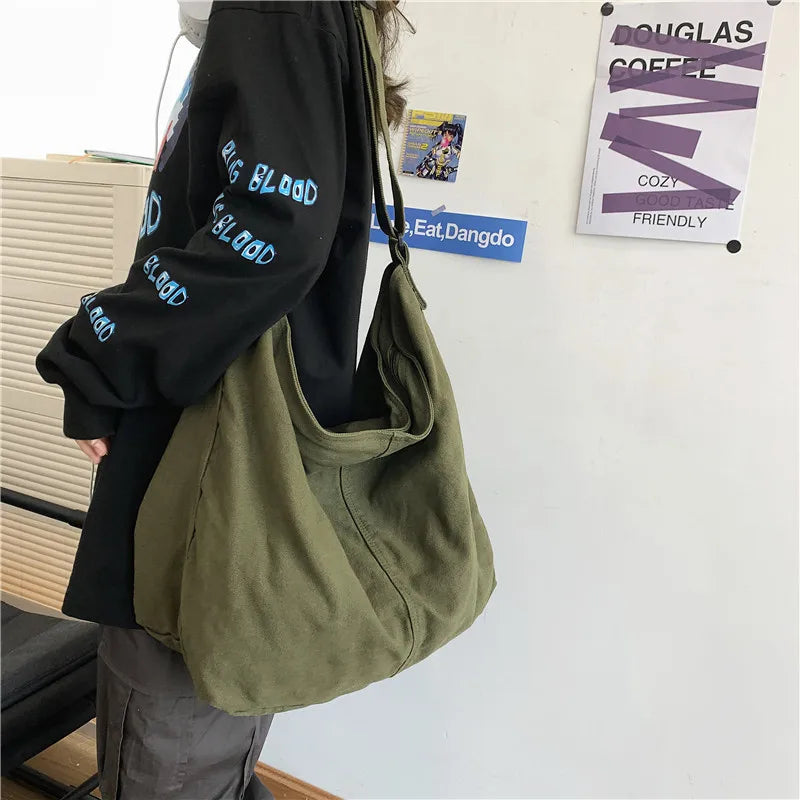 Ddbos BACK TO SCHOOL Women Canvas Shoulder Bags Large Capacity Thick Cotton Cloth Books Handbag Tote Solid Crossbody Bag Big Travel Purse For Ladies