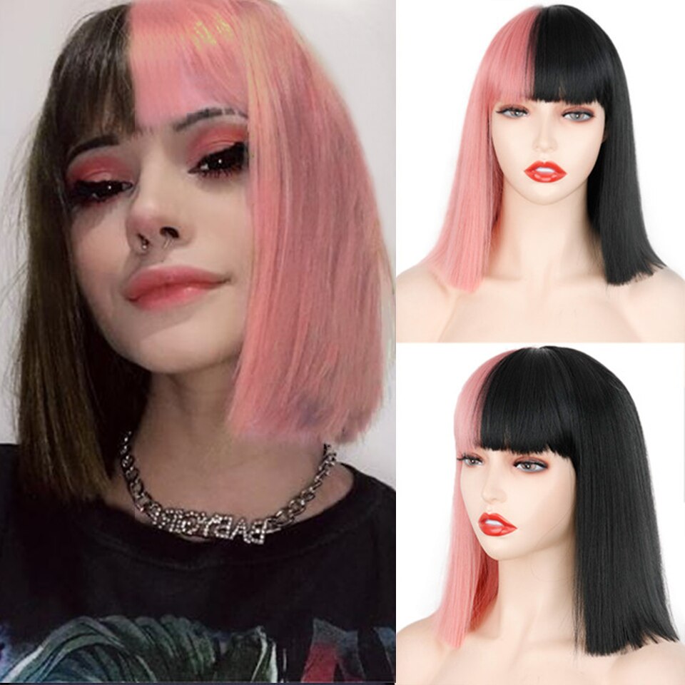 Ddbos Synthetic Wig Short Straight With Bangs Pink Black Purple Blond White Wig Female Short Bob Halloween Christmas Party Cosplay Wig