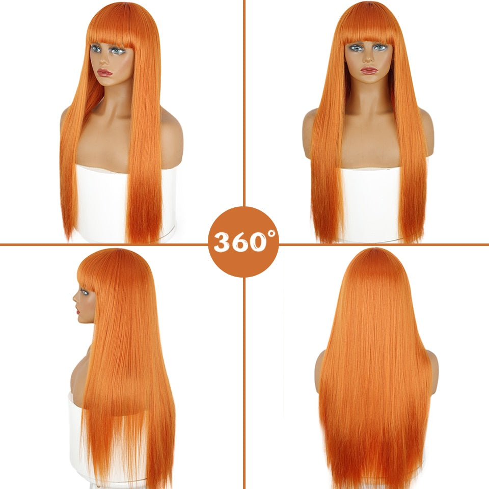 Ddbos Long Orange Wig with Bangs Straight Orange Wigs for Women Cosplay Long Synthetic Orange Wig Natural Looking for Daily Wear