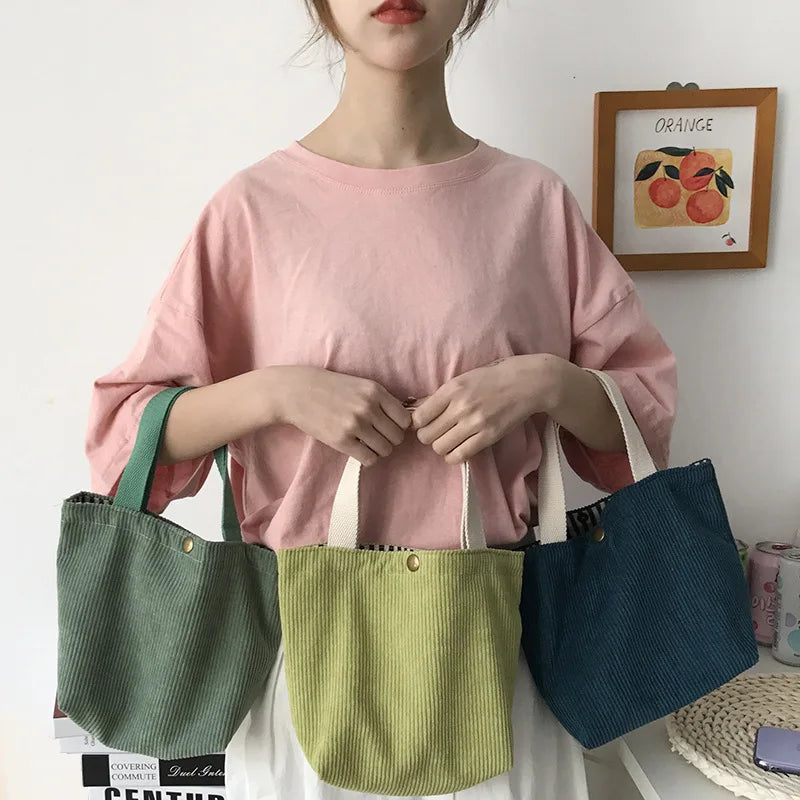 Ddbos Small Corduroy Lunch Bag for Women Eco Canvas Portable Tote Bags Mini Female Students Bento Picnic Food Bag Travel Handbags