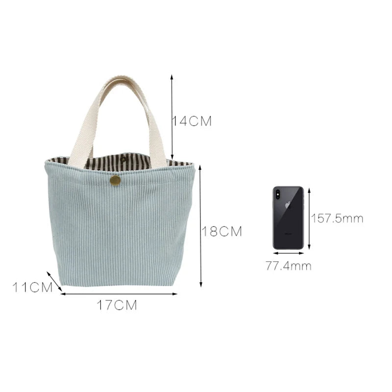 Ddbos Small Corduroy Lunch Bag for Women Eco Canvas Portable Tote Bags Mini Female Students Bento Picnic Food Bag Travel Handbags