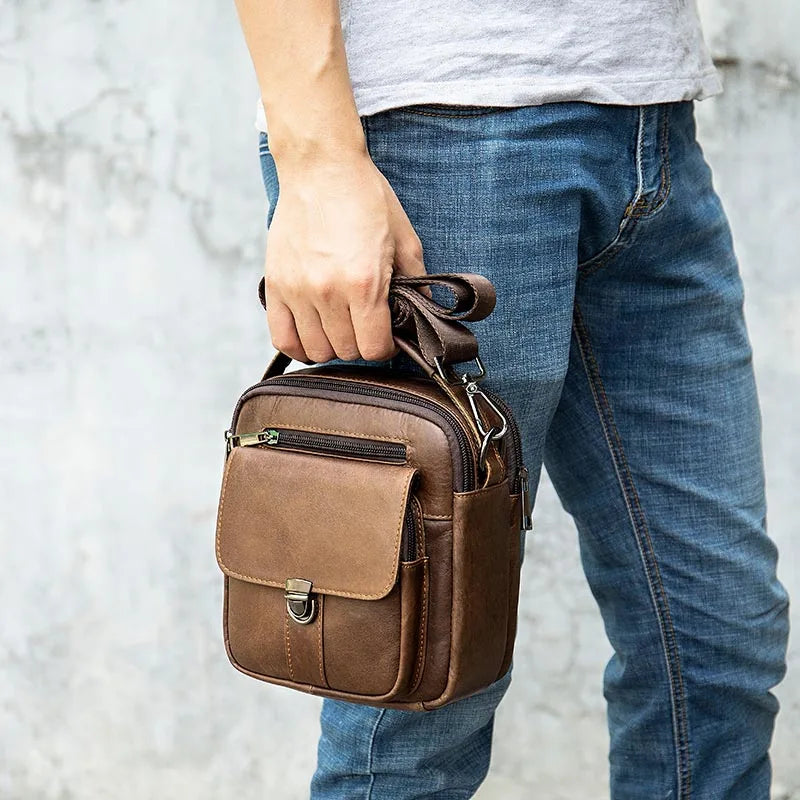 Ddbos Genuine Leather Men's Shoulder Bag Vintage Cowhide Double Zipper Pockets Multifunctional Messenger Bag Male Mini Handbag