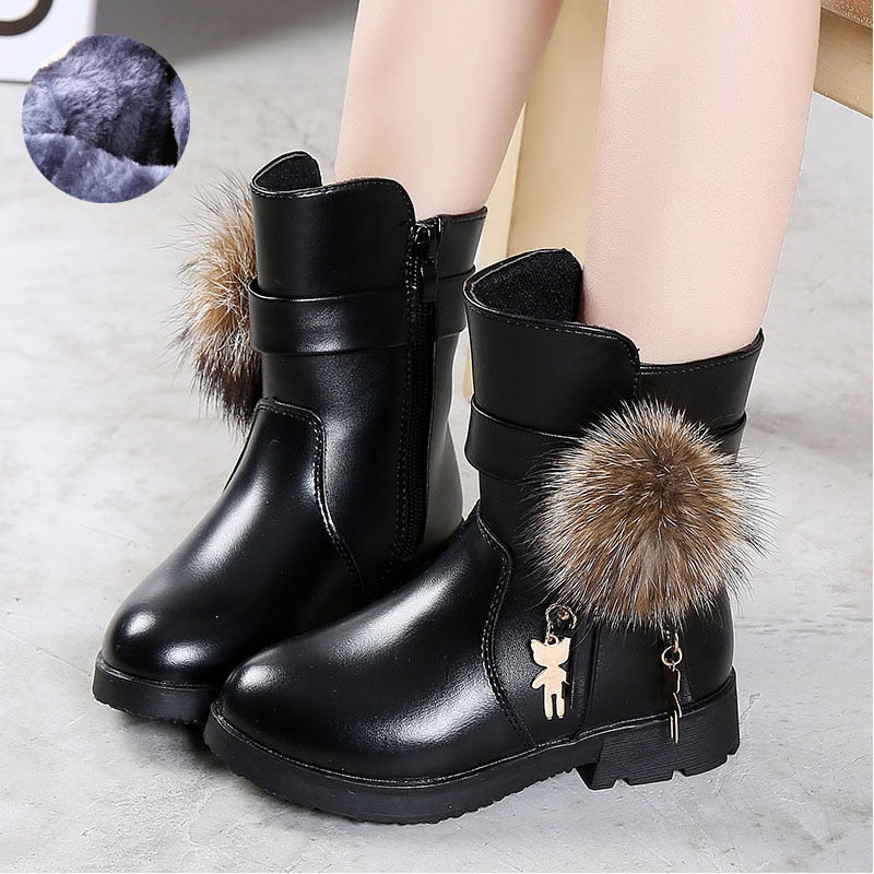 Ddbos New Winter Girls Boots Real Fur Ball PU Leather Kids Snow Boots Warm Plush Sneakers Children Shoes