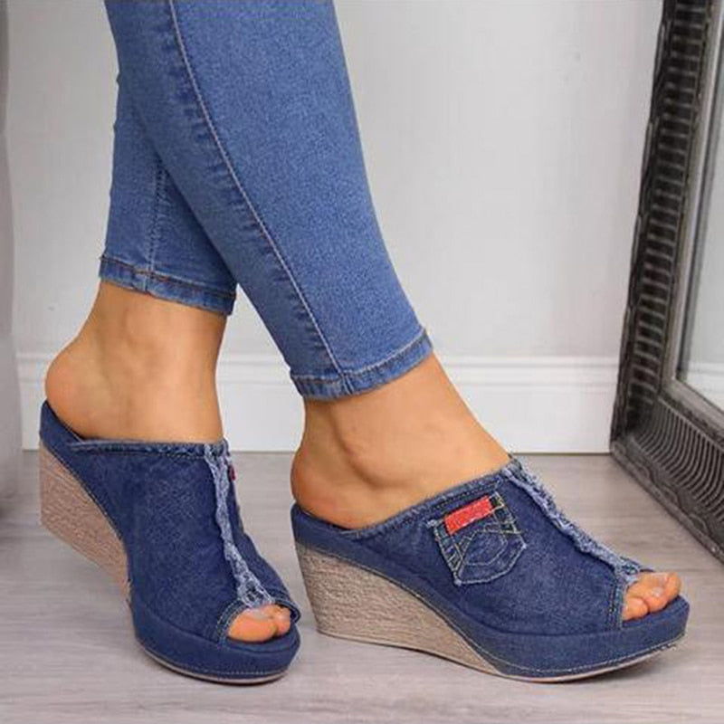 Ddbos Slipper Shoes Women Summer High Heels Sandals Peep Toe Denim Wedges Fashion Slipper Shoes Woman Sapato Feminino Zapatos Mujer